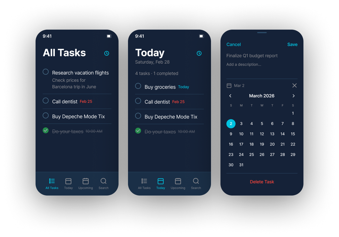 Lyst Mode app screenshots showing All Tasks, Today, and Calendar views